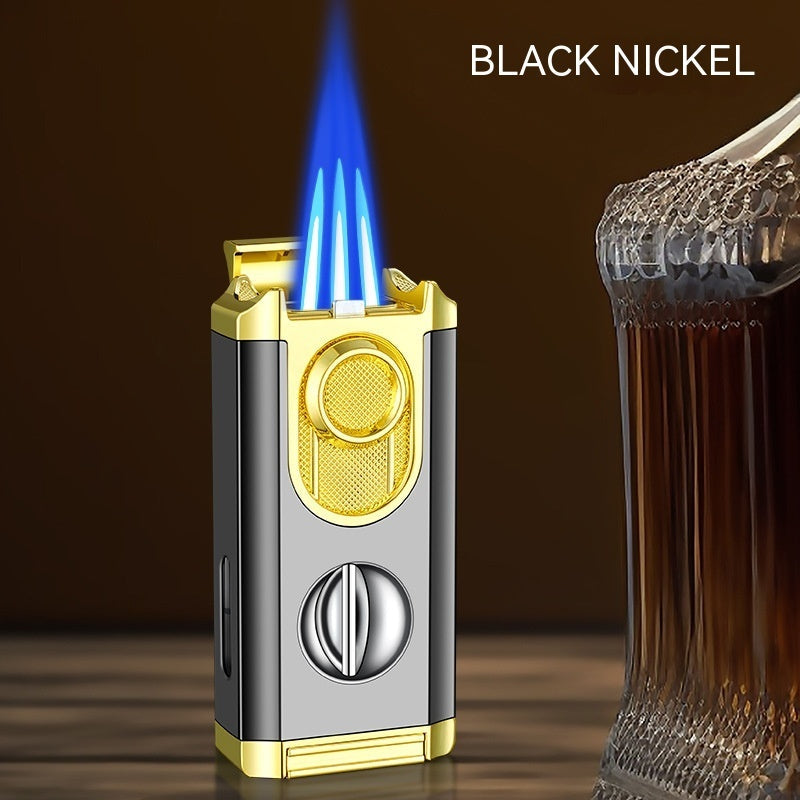 Black Gold Nickle Transom Three Torch Lighter with Zinc Alloy Gift Box - Nickel for Cigar Enthusiasts transom three