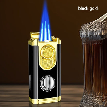 Black Gold Nickle Transom Three Torch Lighter with Zinc Alloy Gift Box - Nickel for Cigar Enthusiasts transom three