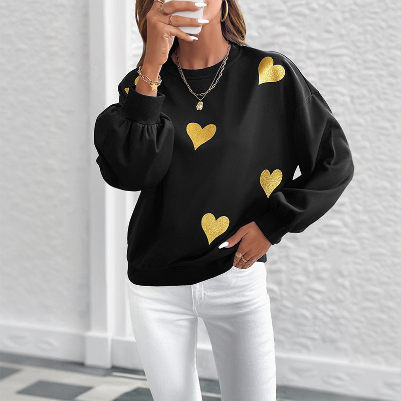 Black Heart Pullover Sweatshirt Women Cute Cotton Knit Long Sleeve Top - Teleplus