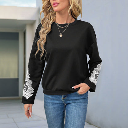 Black Lace Pullover Long Sleeve Casual Top Womens Asian Sizes S to XL