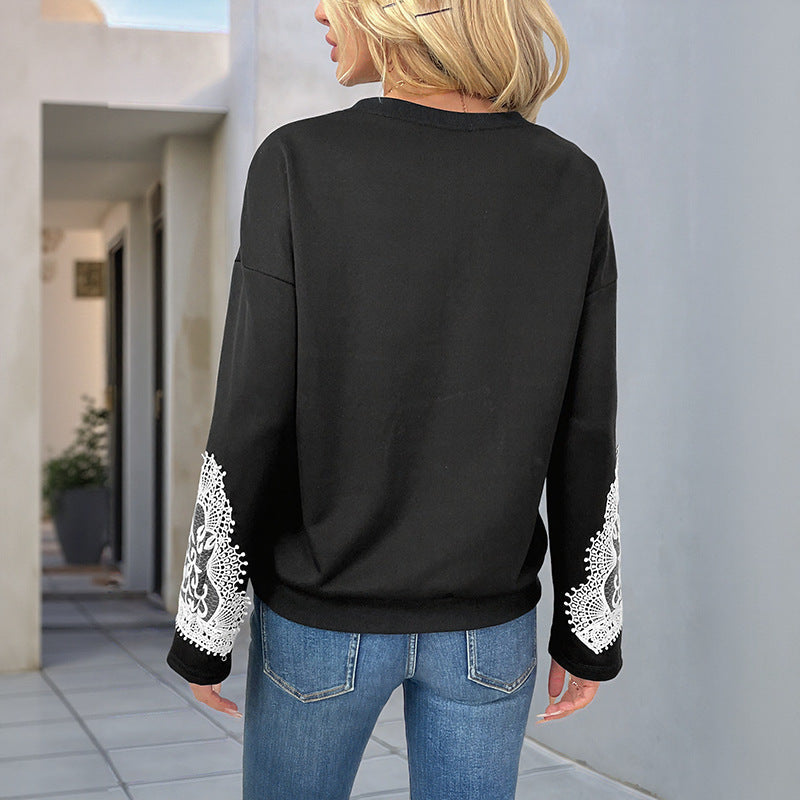 Black Lace Pullover Long Sleeve Casual Top Womens Asian Sizes S to XL