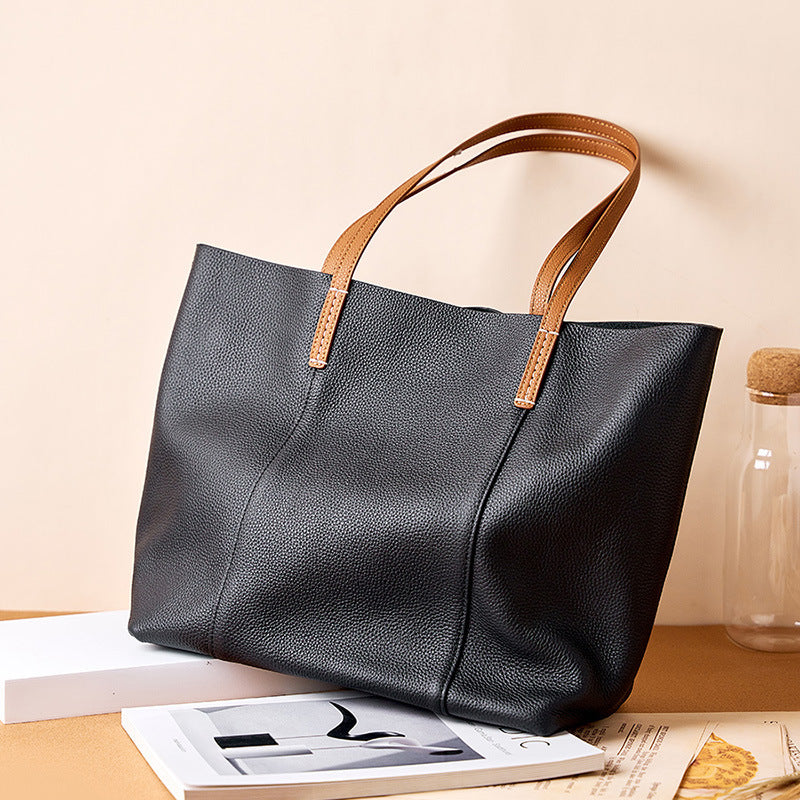 Black Leather Handmade Cowhide Portable Shoulder Bag for Men and Women - Teleplus layer cowhide handmade tote portable