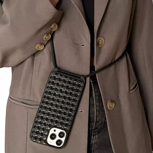 Black Leather Woven Pattern Cross-body Lanyard Phone Case - Black Leather Woven Pattern Case for iPhone Pro Max