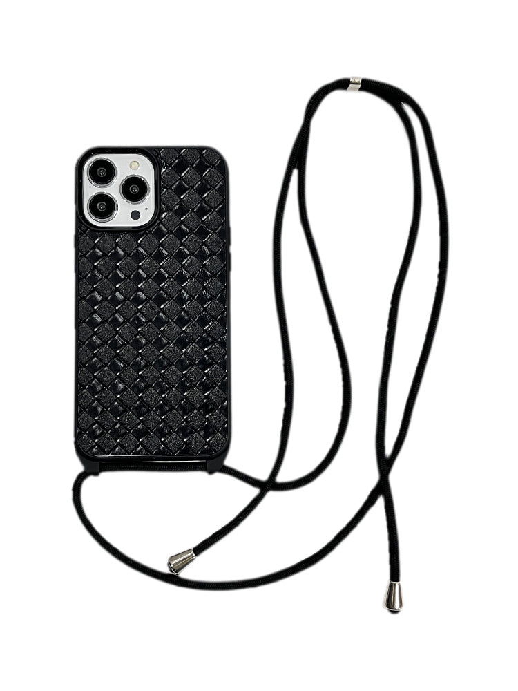 Black Leather Woven Pattern Cross-body Lanyard Phone Case - Black Leather Woven Pattern Case for iPhone Pro Max