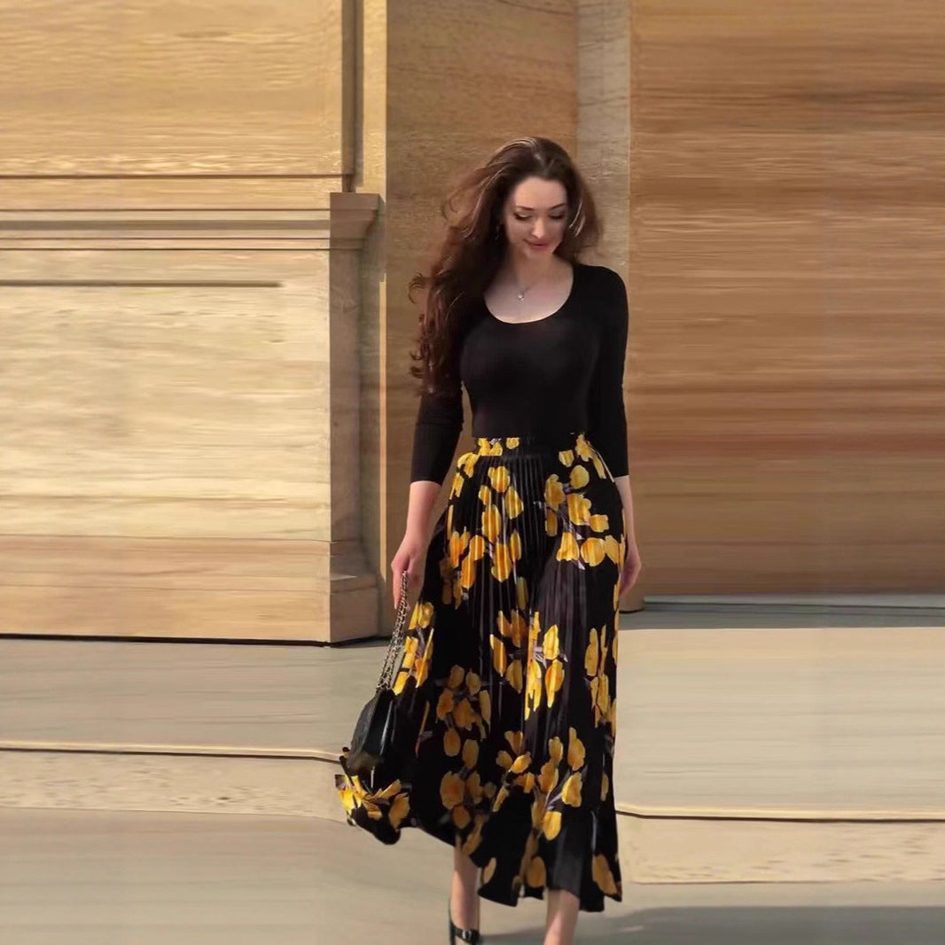 Black Long Sleeve Skirt for Women with Embossed Printing and Comfortable Fit - Teleplus Print long sleeve