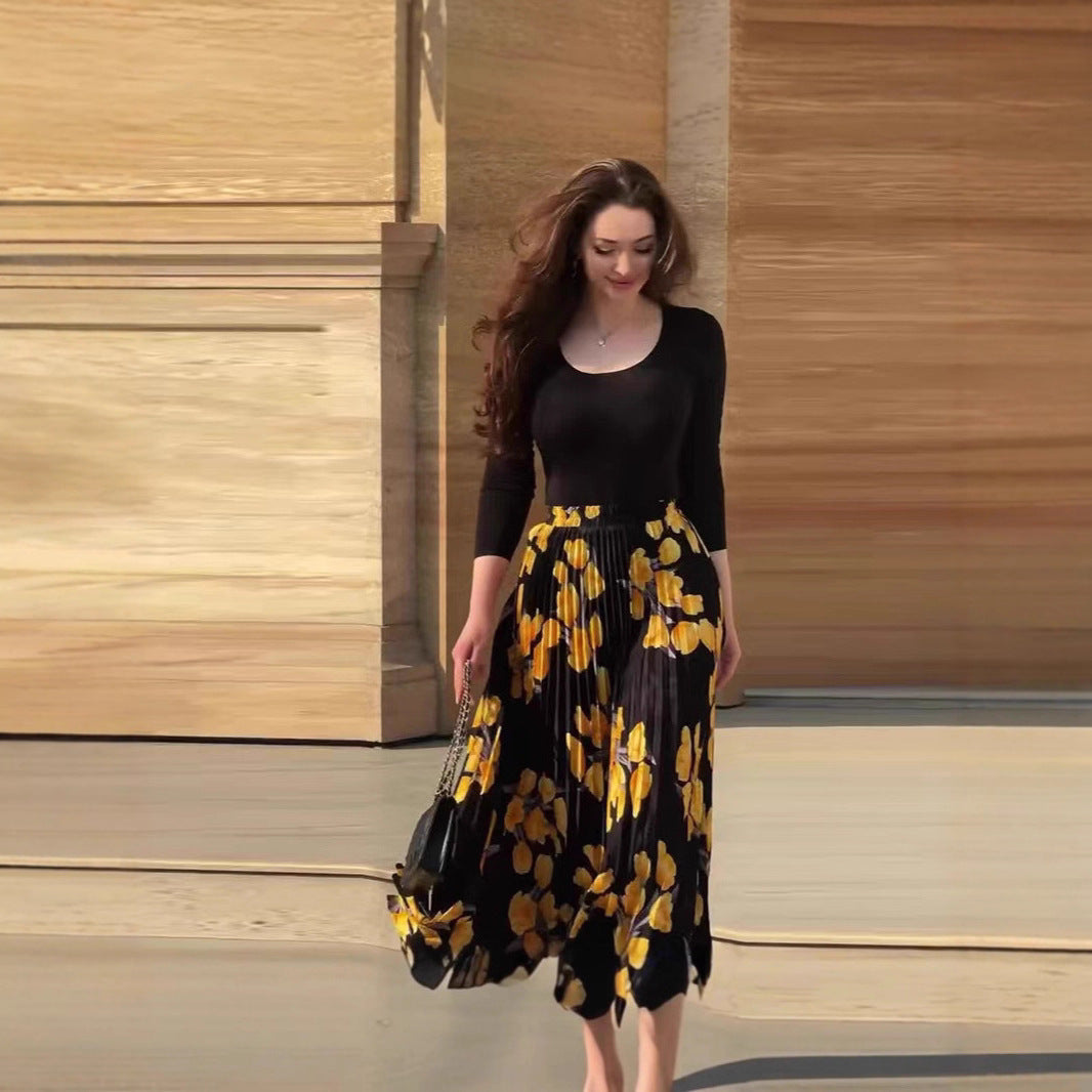 Black Long Sleeve Skirt for Women with Embossed Printing and Comfortable Fit - Teleplus Print long sleeve