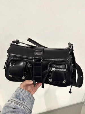 Black Medium PU Crossbody Shoulder Bag with Zipper for Women 16x27cm - Teleplus