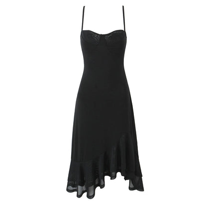 Black Polyester Skirt Dress with Sling Style for Women