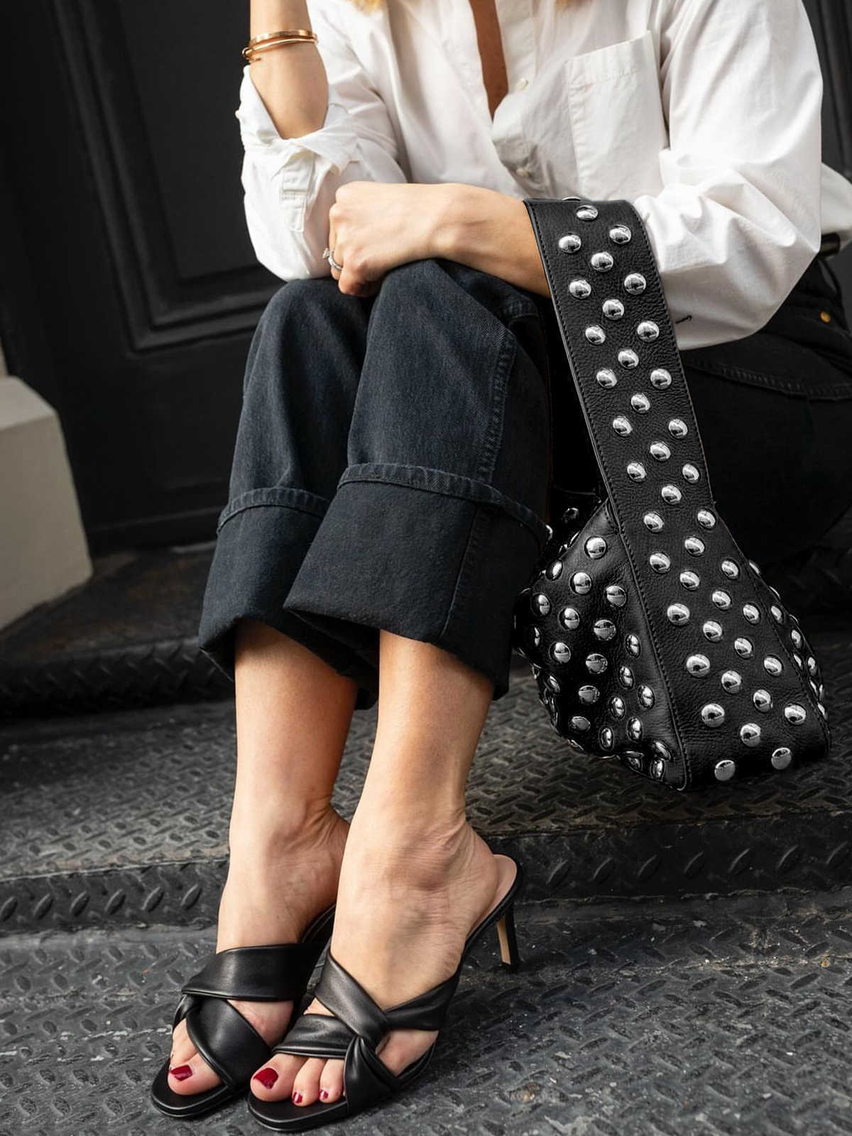 Black Rivet Underarm Shoulder Bag with Metal Motorcycle Design - rivet underarm shoulder black metal motorcycle bag