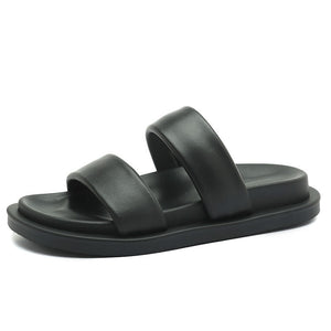 Black Sheepskin Flat Heel Slippers with Rubber Foam Sole - Teleplus black sheepskin flat rubber foam sole heel