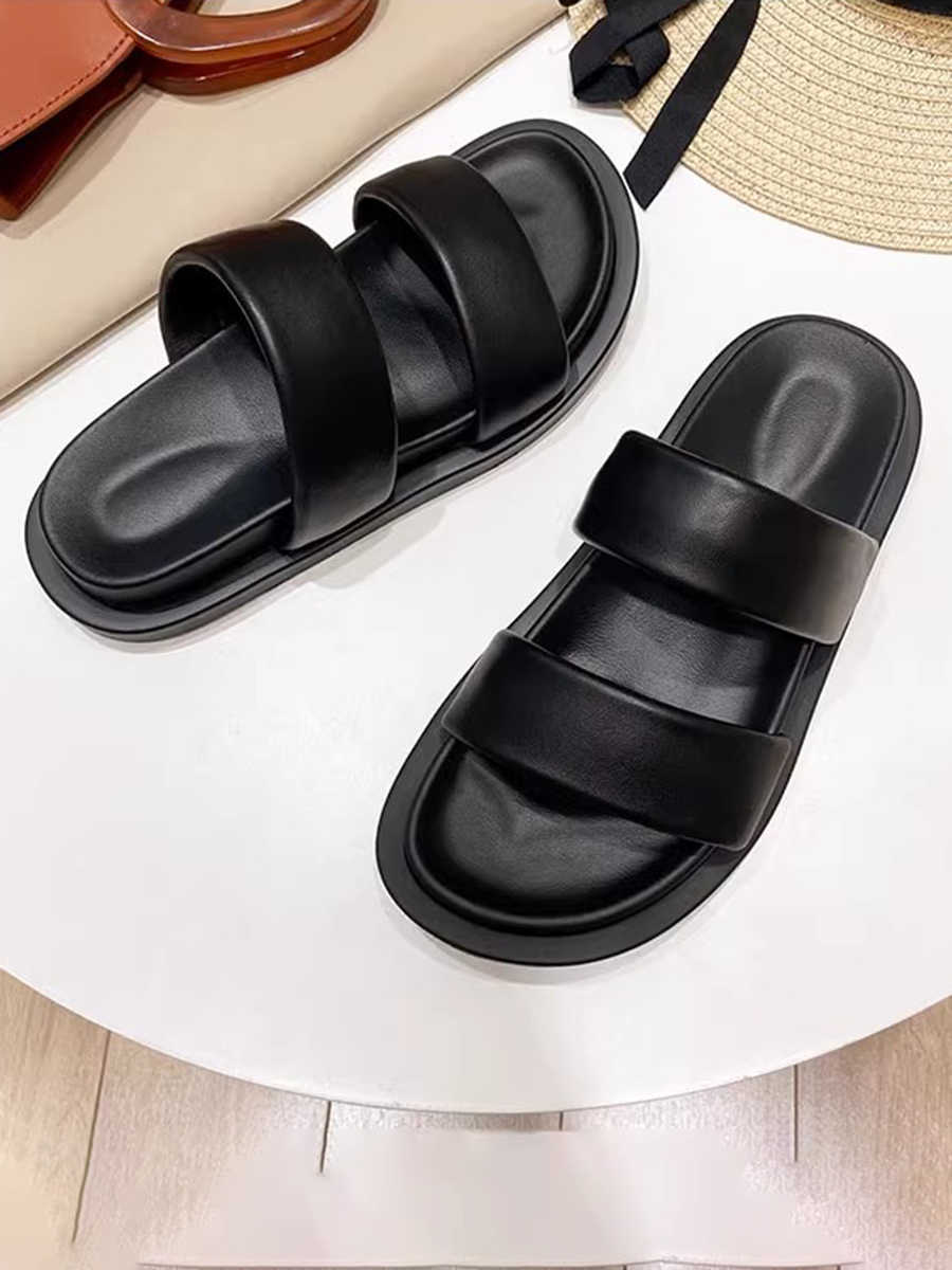 Black Sheepskin Flat Heel Slippers with Rubber Foam Sole - Teleplus black sheepskin flat rubber foam sole heel