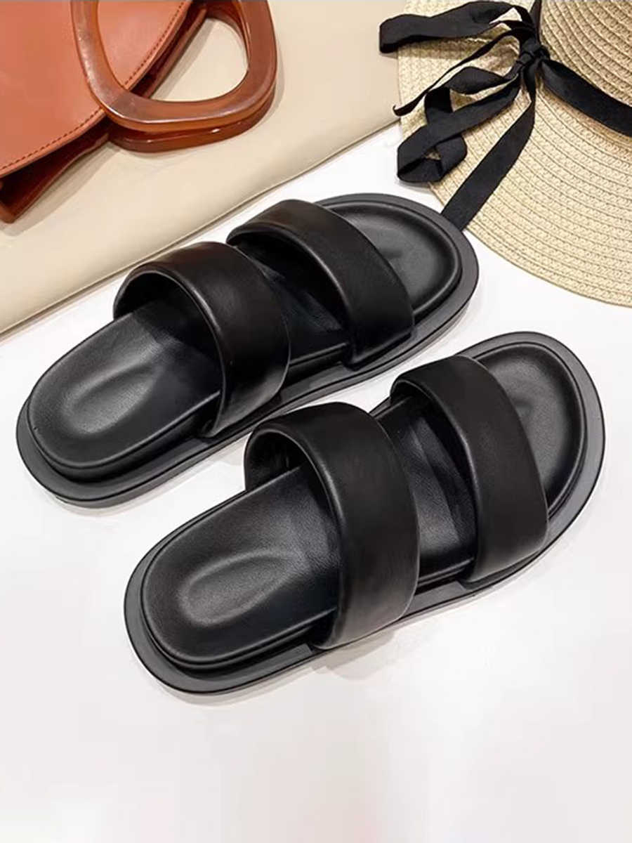Black Sheepskin Flat Heel Slippers with Rubber Foam Sole - Teleplus black sheepskin flat rubber foam sole heel