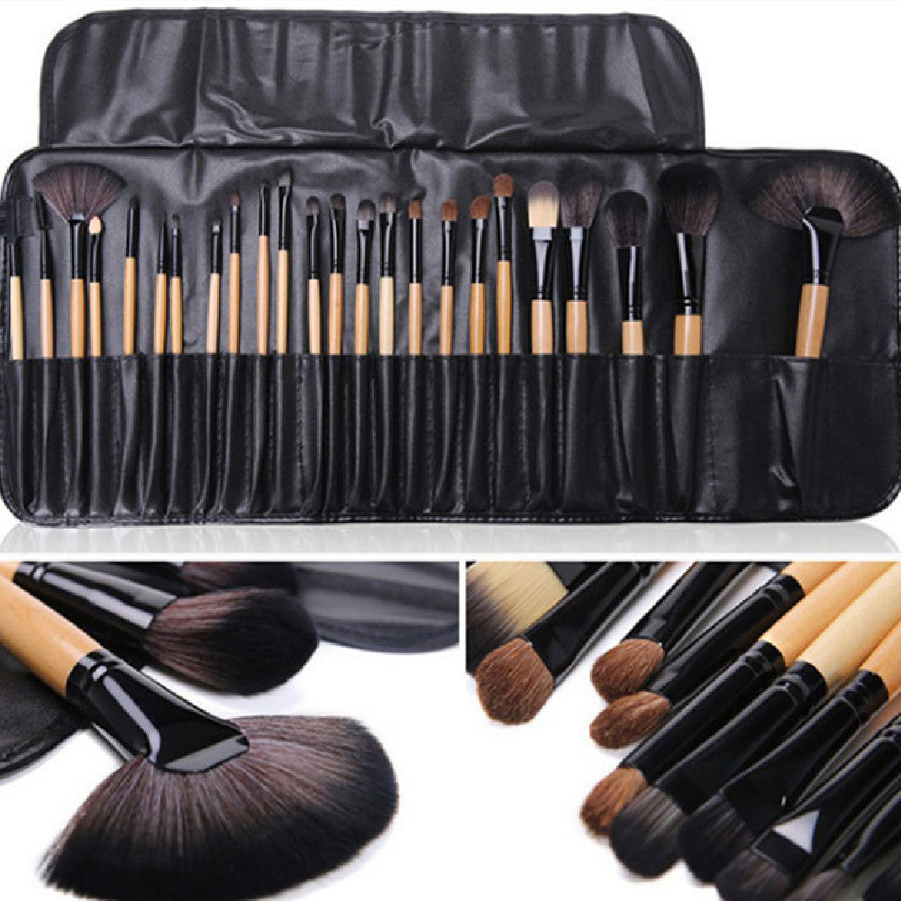 Black Wood Color 24 pcs Makeup Brush Set with Horse Hair Bristles - Teleplus horse hair black wood color makeup brush