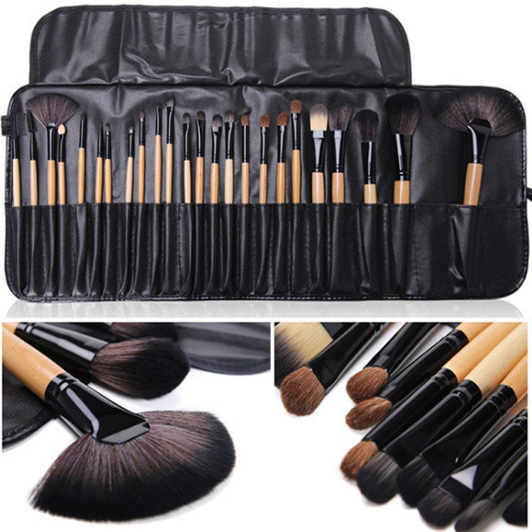 Black Wood Color 24 pcs Makeup Brush Set with Horse Hair Bristles - Teleplus horse hair black wood color makeup brush