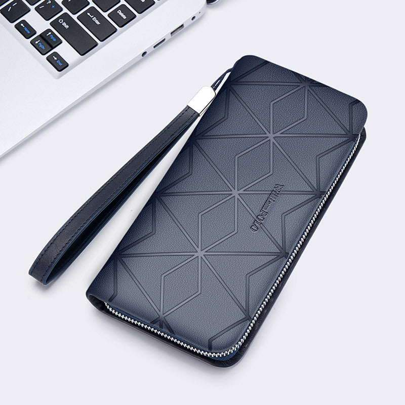 Blue Black Geometric Pattern Leather Lining for Mens Accessories in United States - Manly Clutch Wallet Chasing Cash