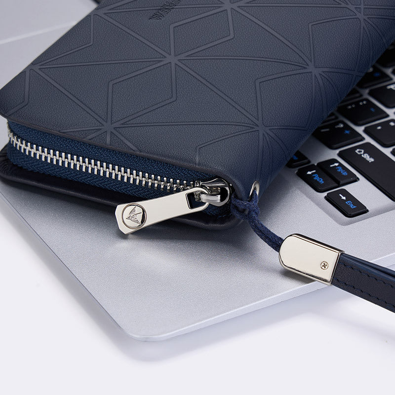 Blue Black Geometric Pattern Leather Lining for Mens Accessories in United States - Manly Clutch Wallet Chasing Cash