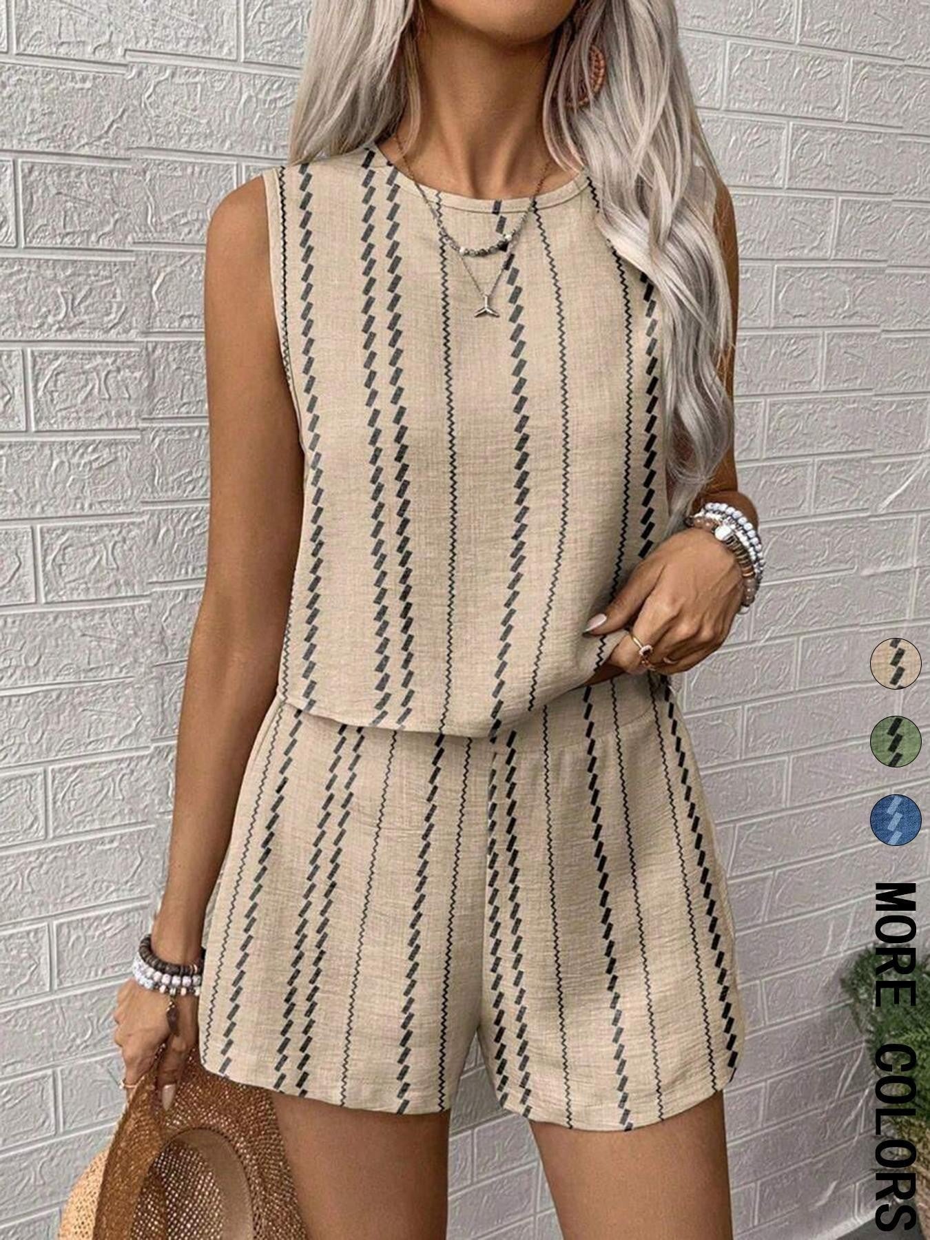 Blue Green Pink Plaid Polyester Sleeveless Pants Set for Women - Teleplus Womens Fabric