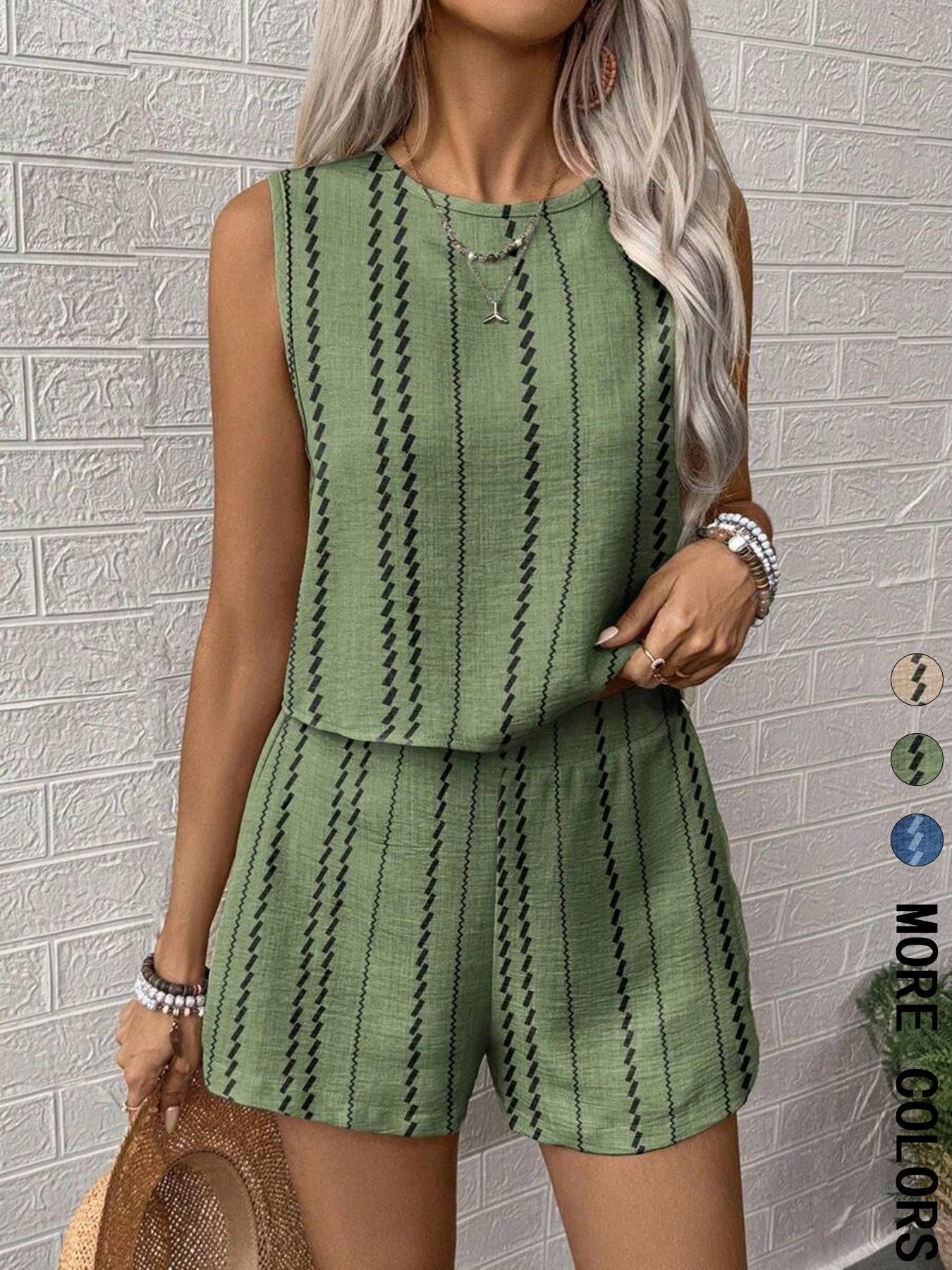 Blue Green Pink Plaid Polyester Sleeveless Pants Set for Women - Teleplus Womens Fabric