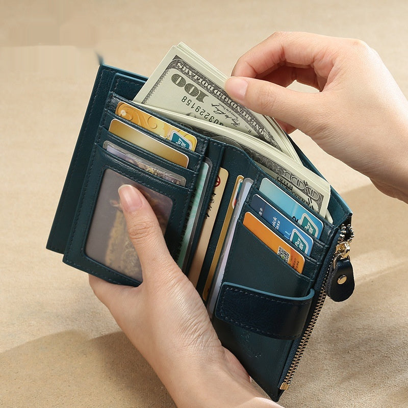 Blue Leather Ladies Wallet with Anti-Theft Card Slot and Polyester Lining - Teleplus