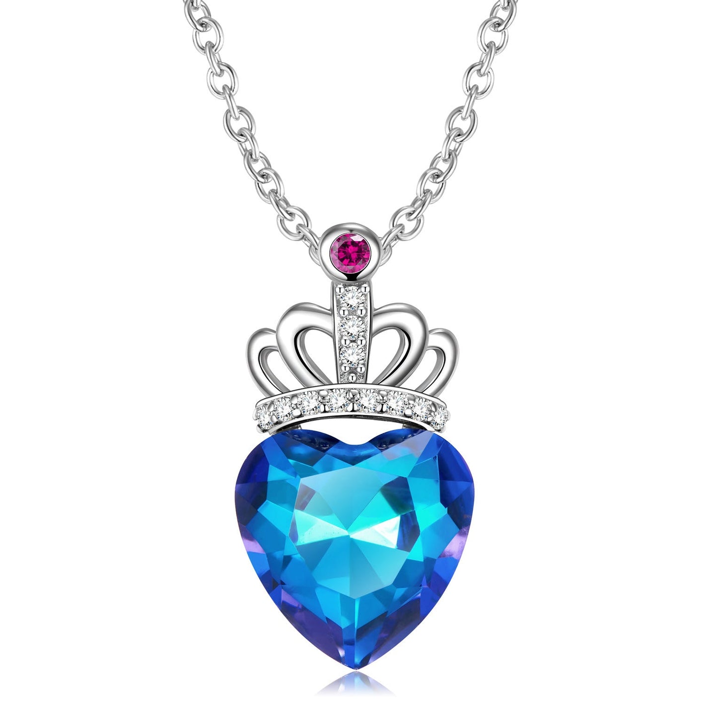 Blue Light Peach Crown Necklace with Silver Heart Chain for Women - Royal Style blue light peach crown necklace