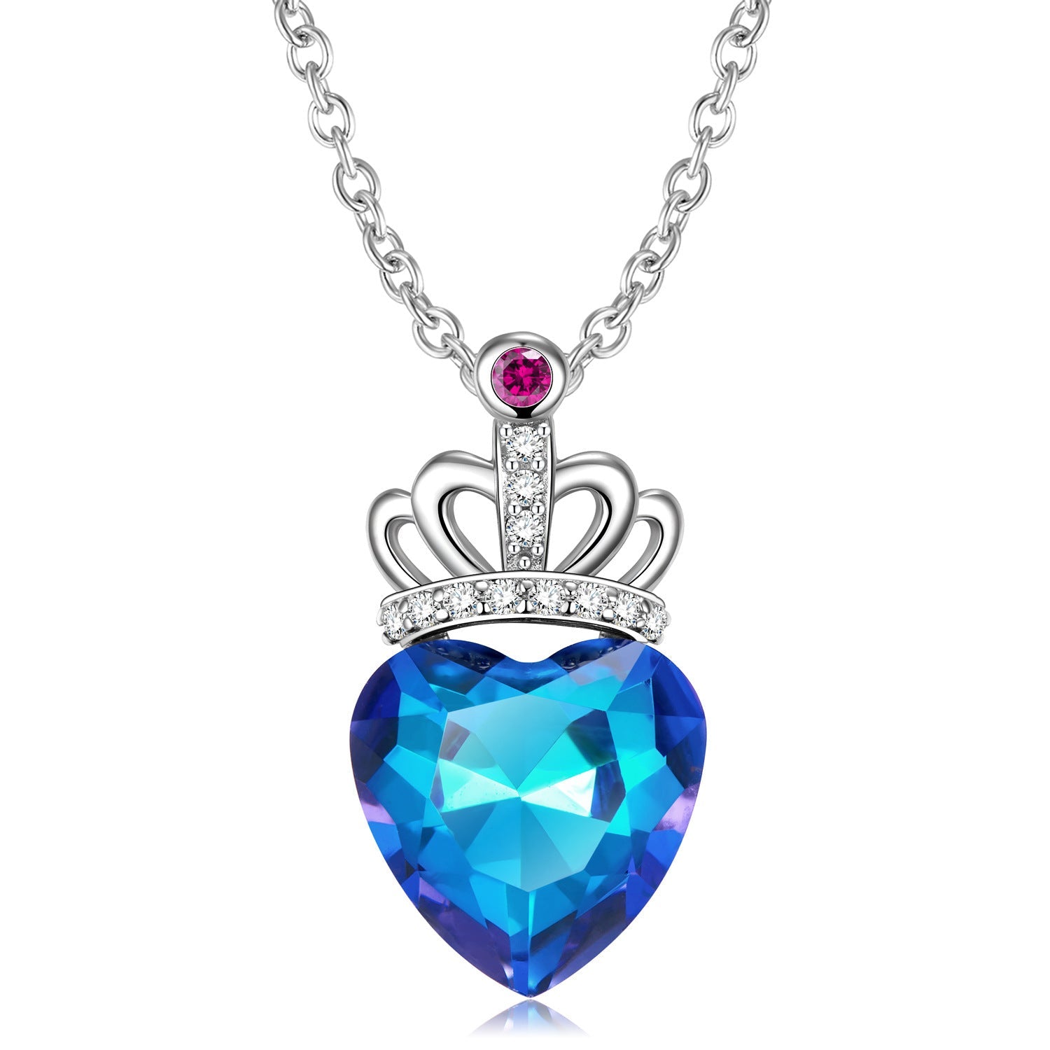 Blue Light Peach Heart Crown Necklace S925 Sterling Silver - Blue Light Peach Crown Necklace for Royal Style