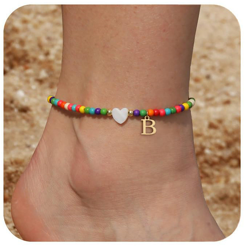 Bohemia Letter Anklet Asian Style Small Rice-shaped Beads Love Letter - Bohemia Stainless Steel Letter Anklet for Women