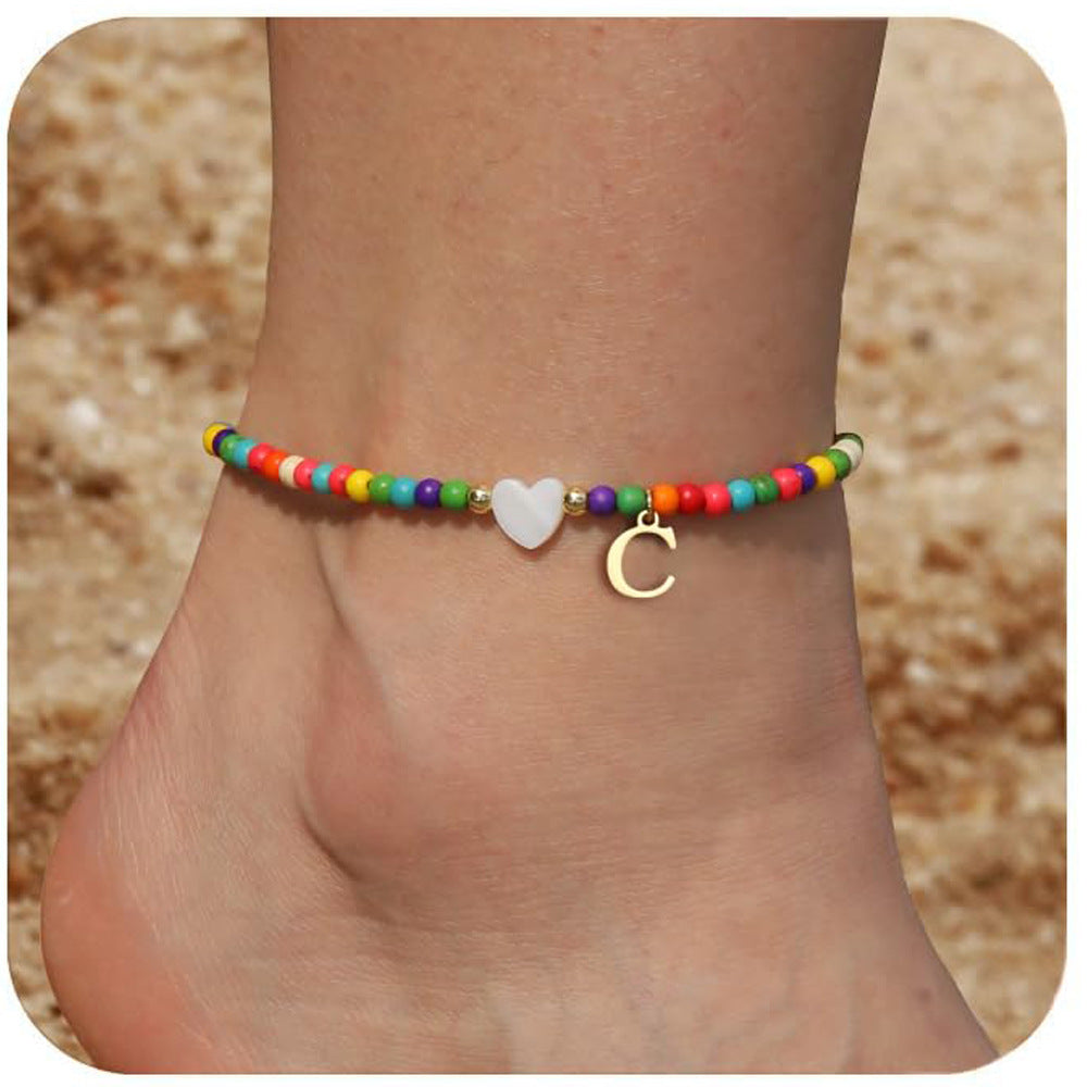 Bohemia Letter Anklet Asian Style Small Rice-shaped Beads Love Letter - Bohemia Stainless Steel Letter Anklet for Women