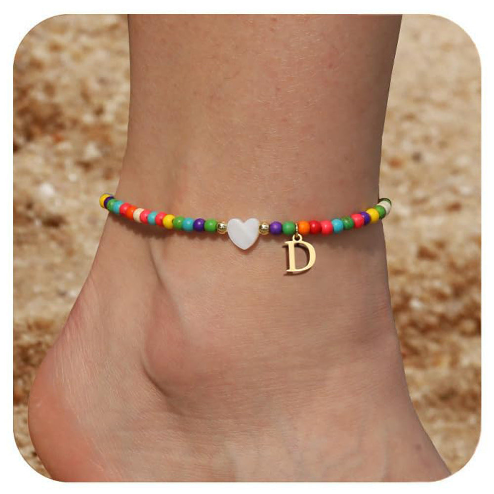 Bohemia Letter Anklet Asian Style Small Rice-shaped Beads Love Letter - Bohemia Stainless Steel Letter Anklet for Women