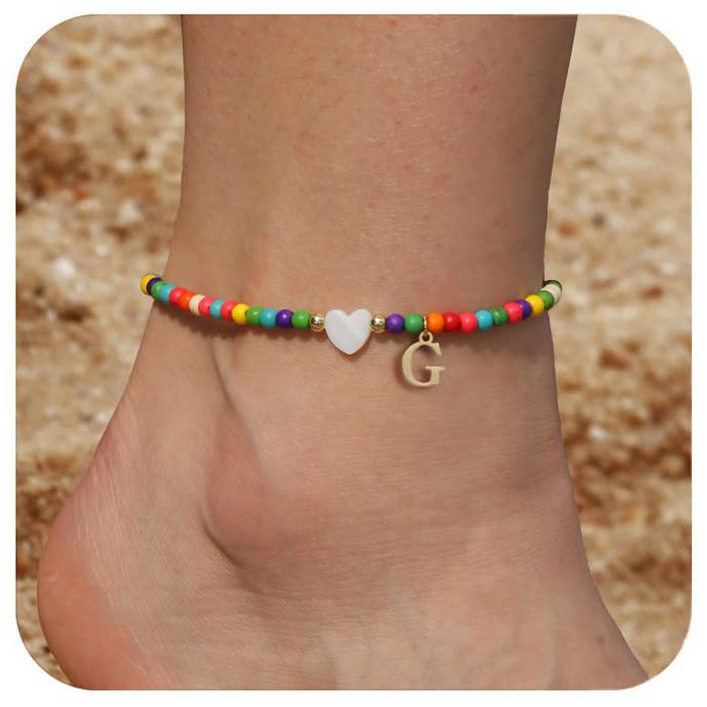 Bohemia Letter Anklet Asian Style Small Rice-shaped Beads Love Letter - Bohemia Stainless Steel Letter Anklet for Women