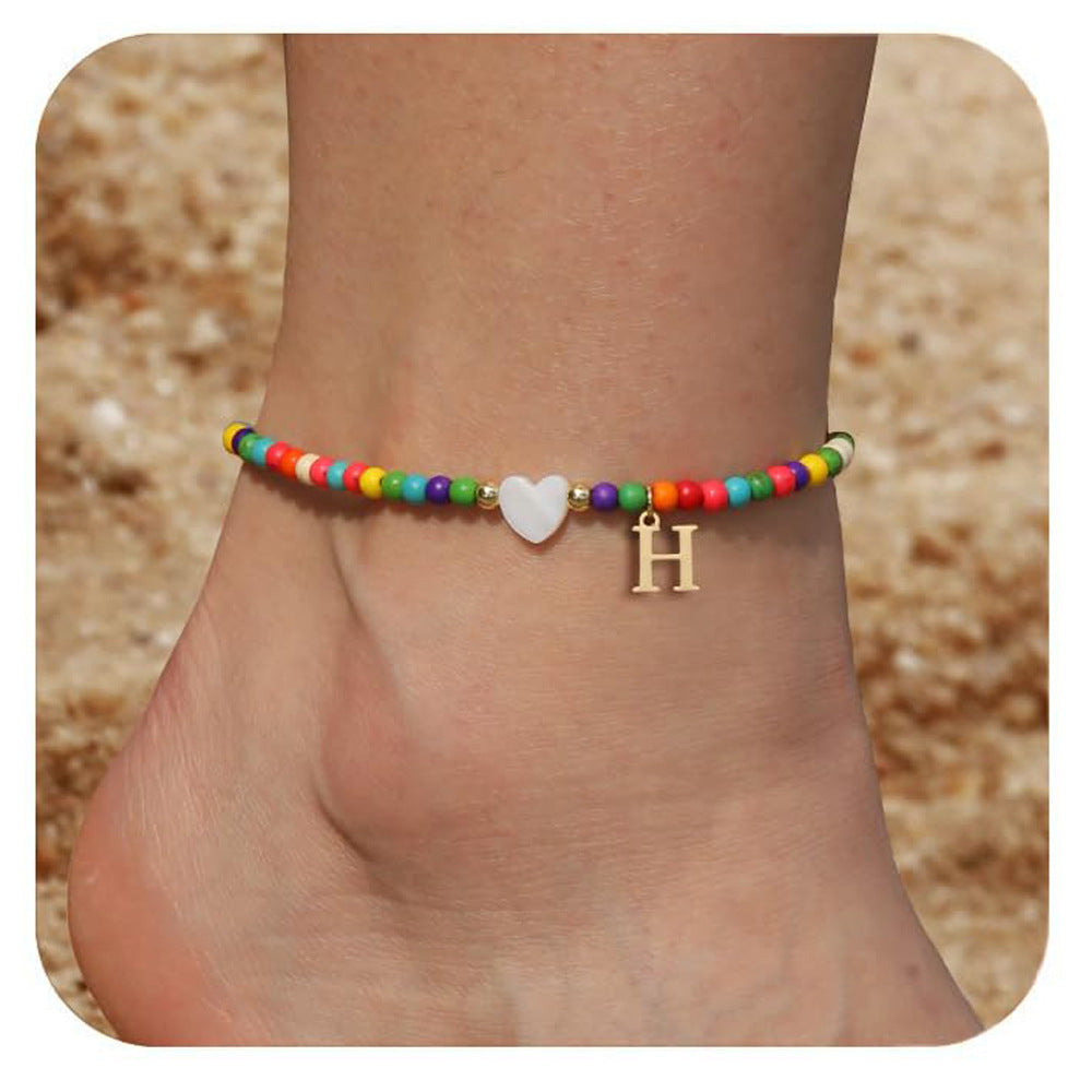 Bohemia Letter Anklet Asian Style Small Rice-shaped Beads Love Letter - Bohemia Stainless Steel Letter Anklet for Women