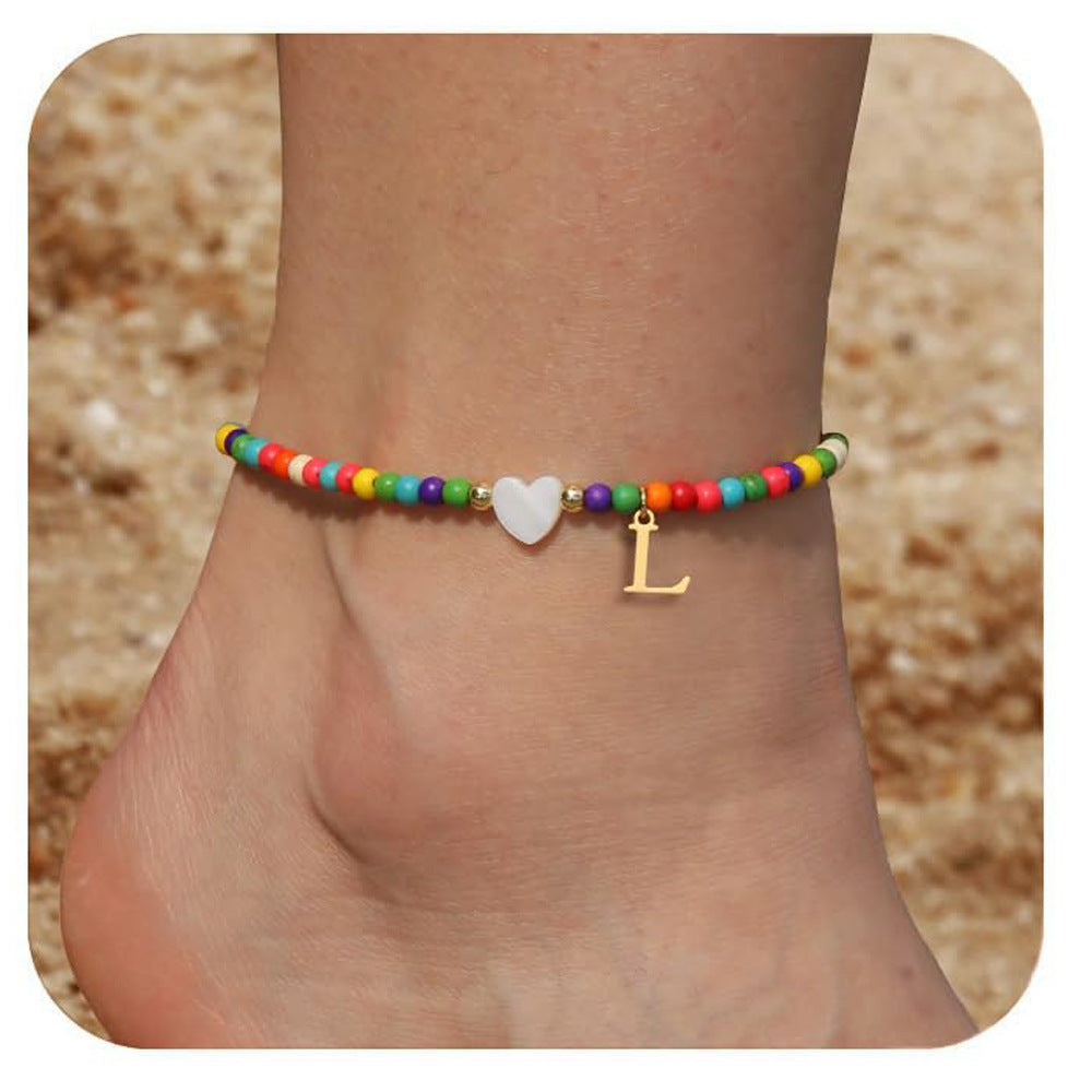 Bohemia Letter Anklet Asian Style Small Rice-shaped Beads Love Letter - Bohemia Stainless Steel Letter Anklet for Women