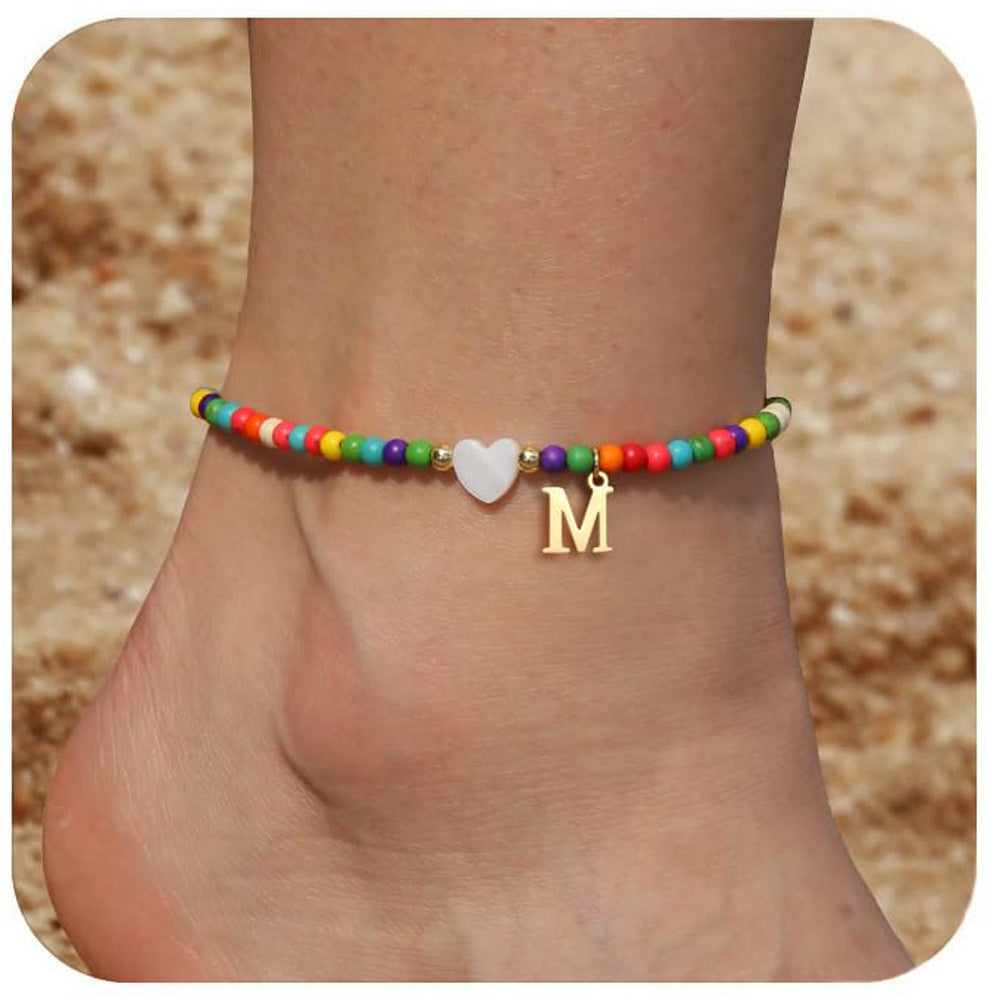 Bohemia Letter Anklet Asian Style Small Rice-shaped Beads Love Letter - Bohemia Stainless Steel Letter Anklet for Women