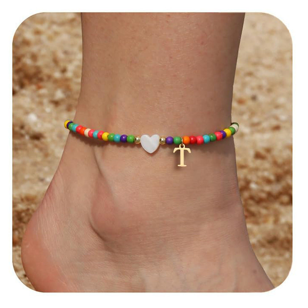 Bohemia Letter Anklet Asian Style Small Rice-shaped Beads Love Letter - Bohemia Stainless Steel Letter Anklet for Women