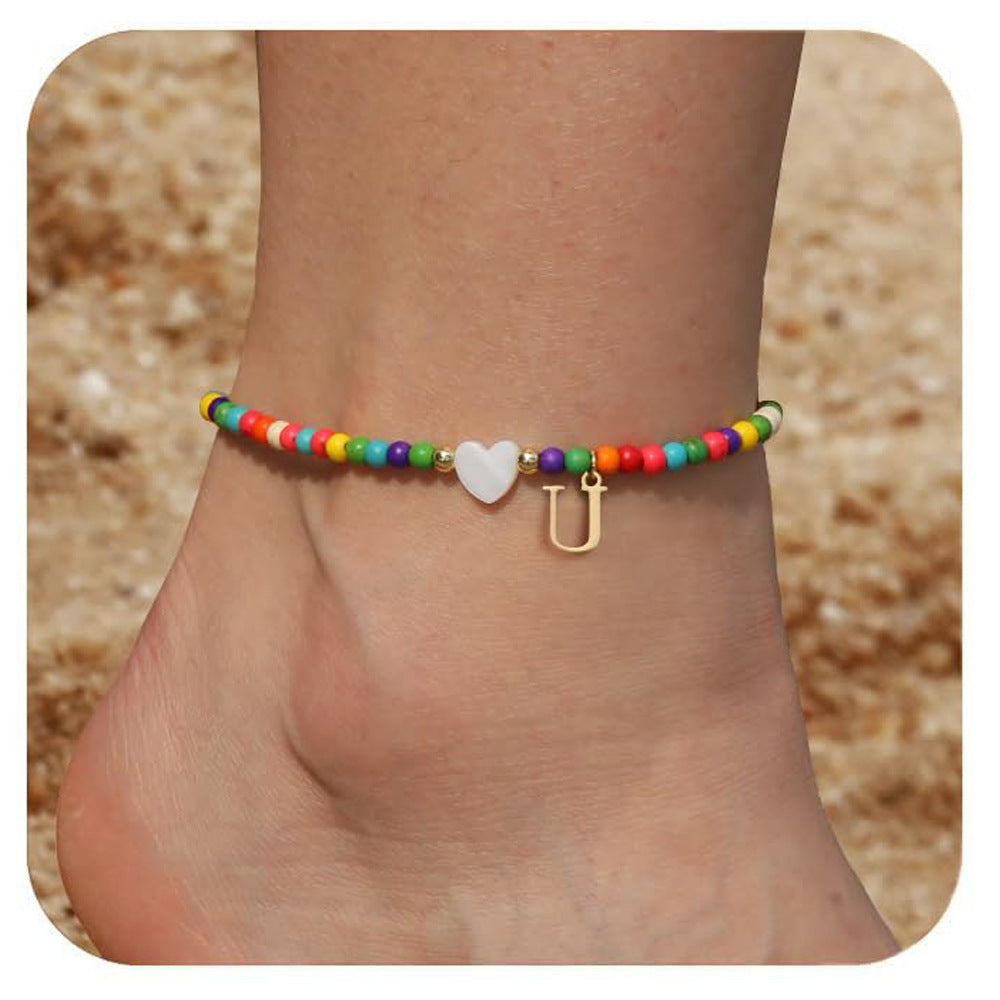 Bohemia Letter Anklet Asian Style Small Rice-shaped Beads Love Letter - Bohemia Stainless Steel Letter Anklet for Women