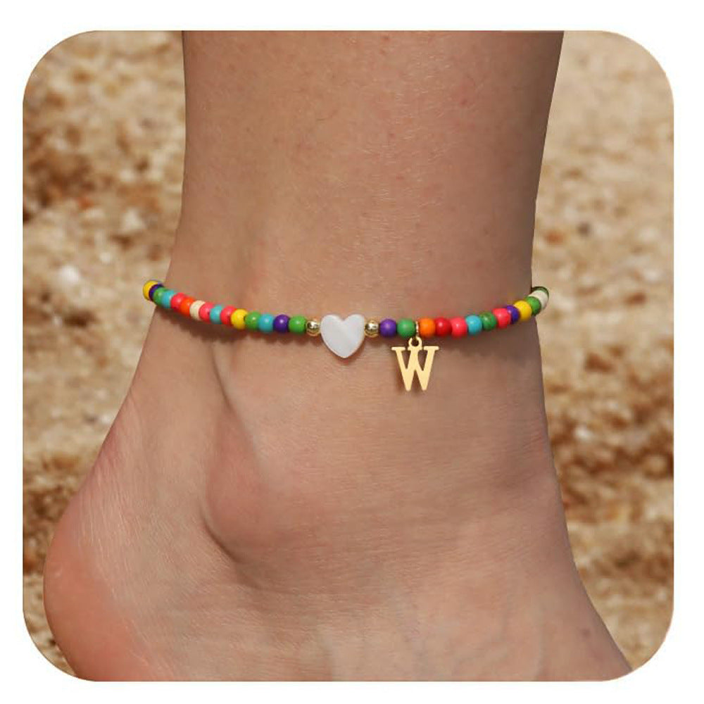 Bohemia Letter Anklet Asian Style Small Rice-shaped Beads Love Letter - Bohemia Stainless Steel Letter Anklet for Women