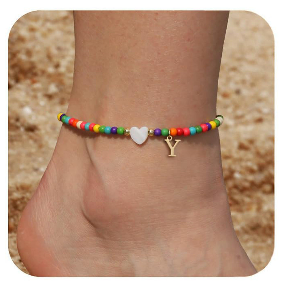 Bohemia Letter Anklet Asian Style Small Rice-shaped Beads Love Letter - Bohemia Stainless Steel Letter Anklet for Women