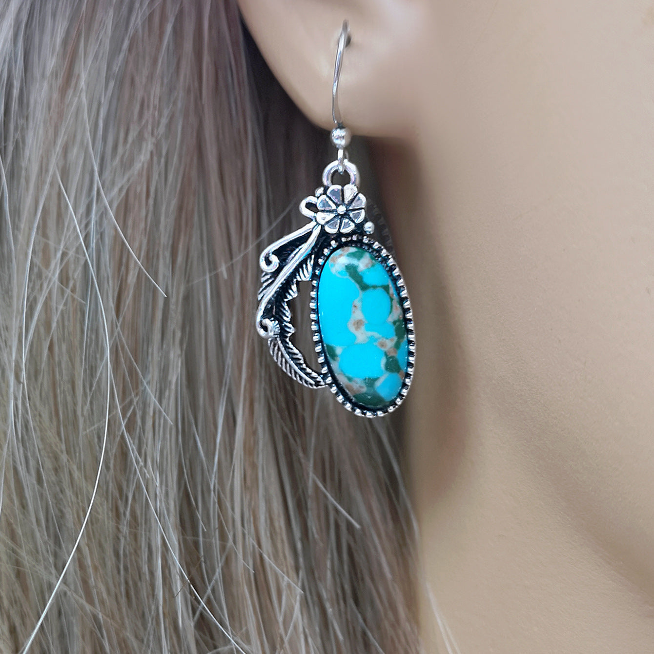 Silver Turquoise Electroplated Retro Flower Earrings for United States Market - That Bring Out Your Inner Child united