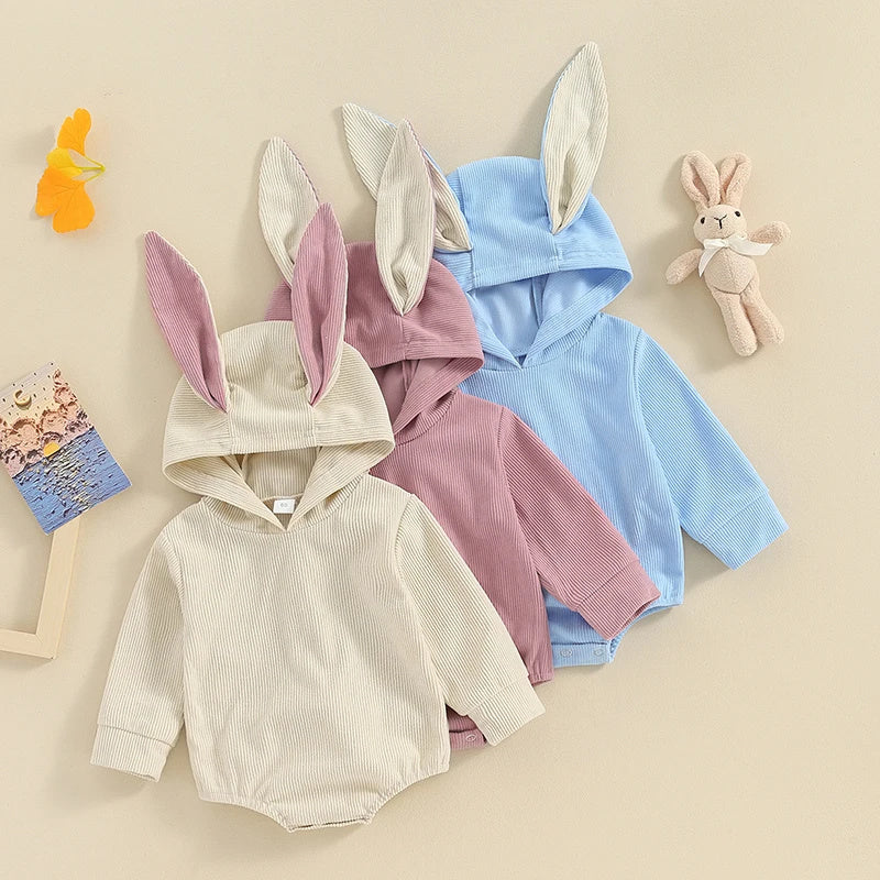 Boys And Girls Long Sleeve Corduroy Hooded Rabbit Ear Romper - Hop Into Style with Long Sleeve Rabbit Ear Romper