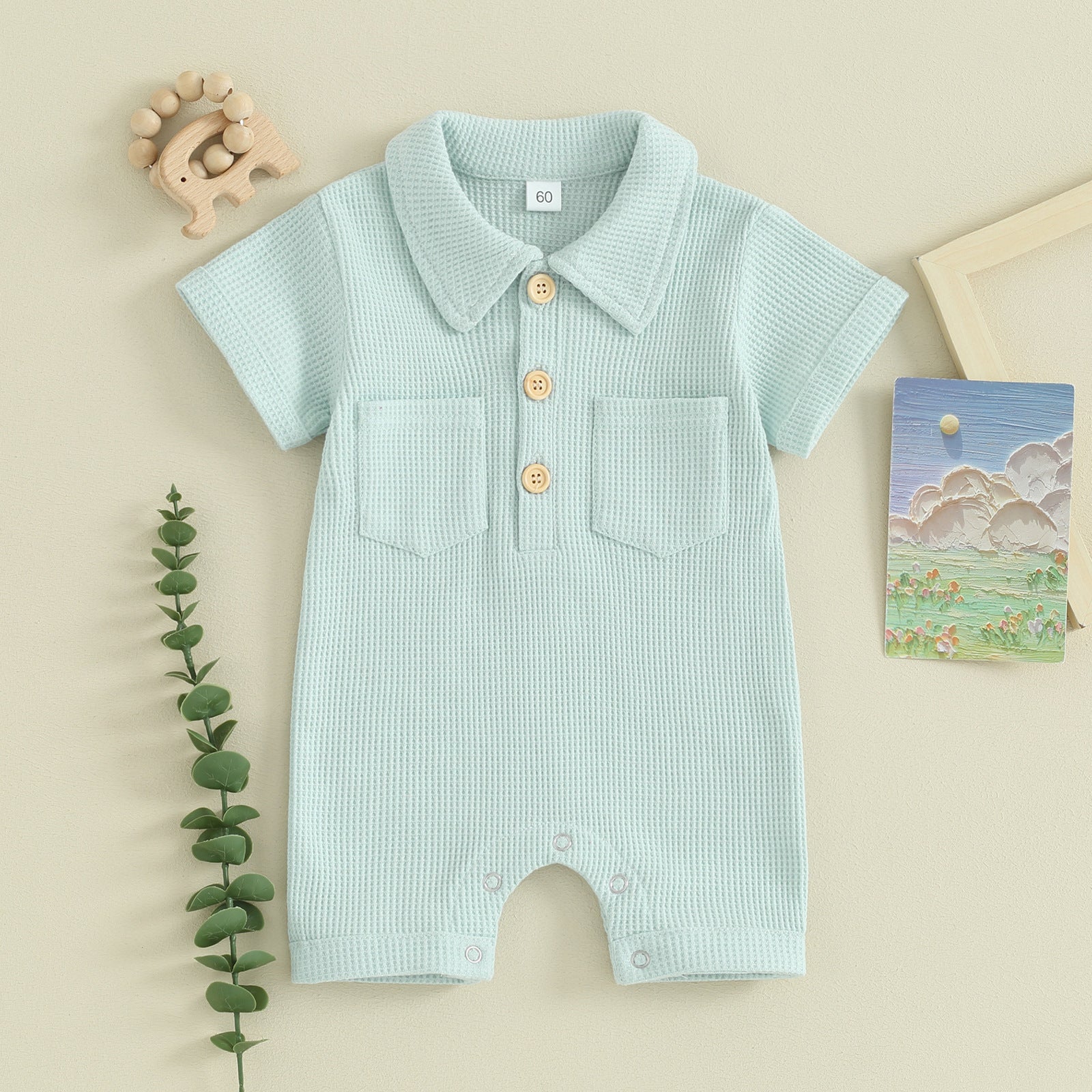 Boy’s Lapel Short Sleeve Waffle Jumpsuit - Tiny Tots in Style: Boy’s Waffle Jumpsuit Fun