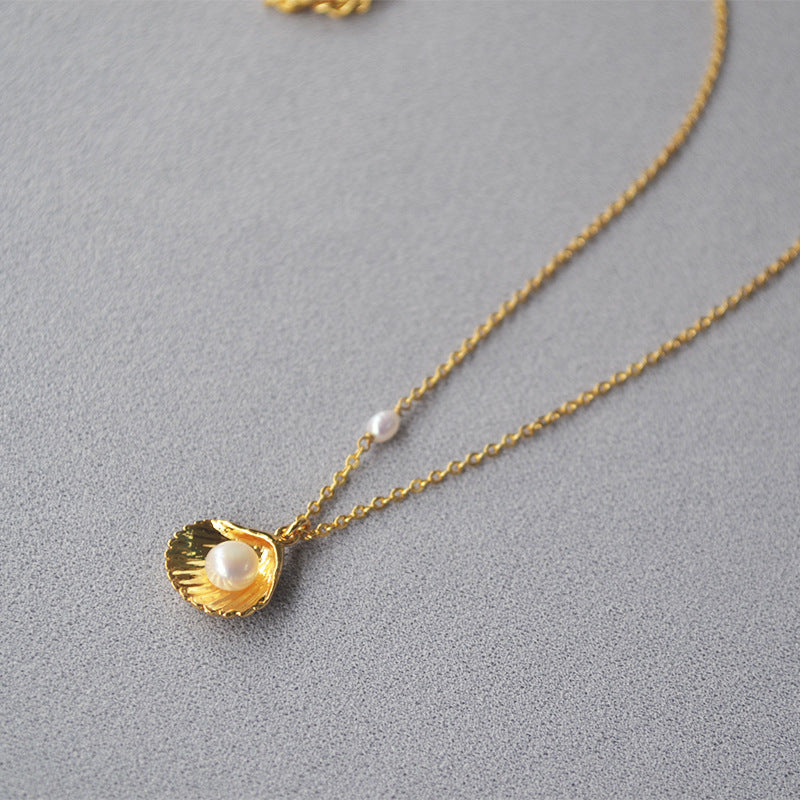 Brass Gold-plated Minimalist Gold Shell Freshwater Pearl Necklace - Chic Gold Shell Necklace for Pearl Lovers with Style