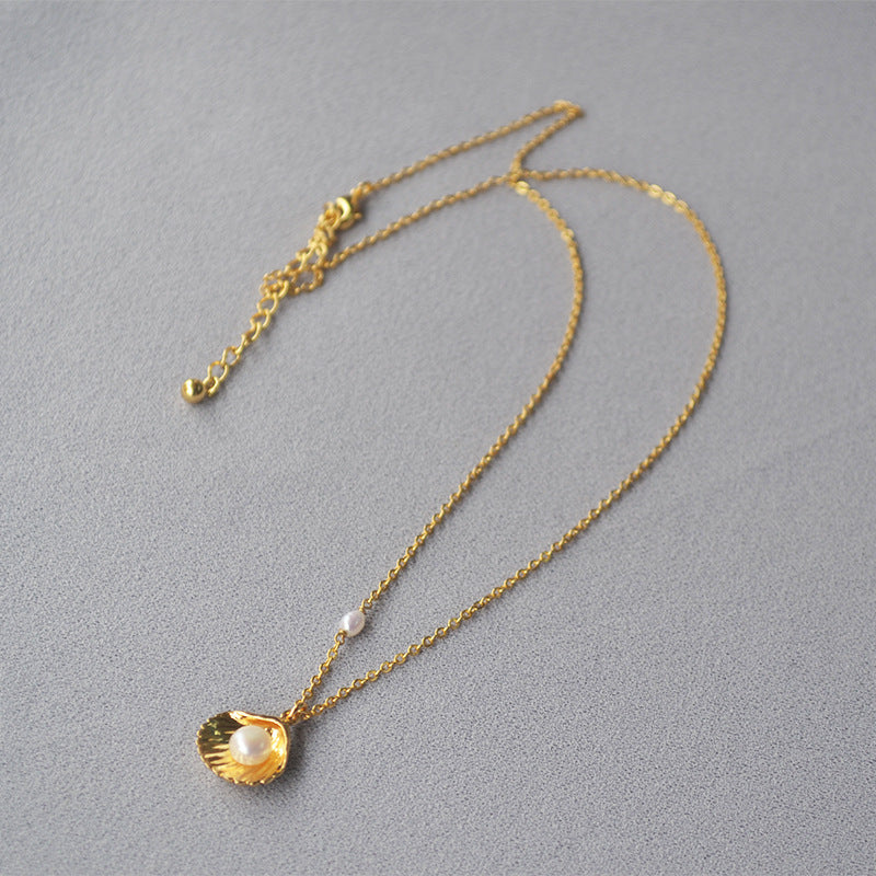 Brass Gold-plated Minimalist Gold Shell Freshwater Pearl Necklace - Chic Gold Shell Necklace for Pearl Lovers with Style