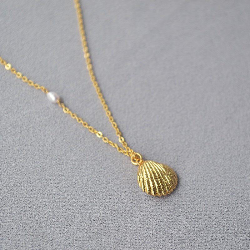 Brass Gold-plated Minimalist Gold Shell Freshwater Pearl Necklace - Chic Gold Shell Necklace for Pearl Lovers with Style