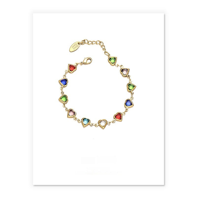 Brass Plated 18K Real Goldwhite Gold Color Ins Fashion Special-interest Summer Candy Color Glass Heart Bracelet