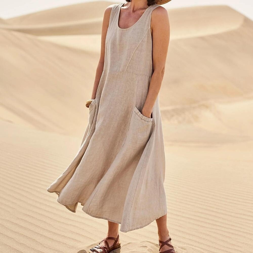 Breathable Cotton Linen Summer Dress for Women Lightweight Casual Sundress - cotton linen