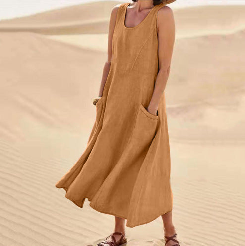 Breathable Cotton Linen Summer Dress for Women Lightweight Casual Sundress - cotton linen