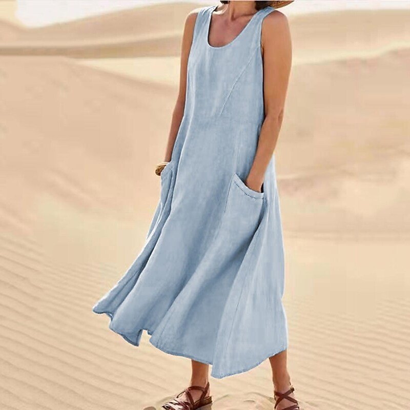 Breathable Cotton Linen Summer Dress for Women Lightweight Casual Sundress - cotton linen