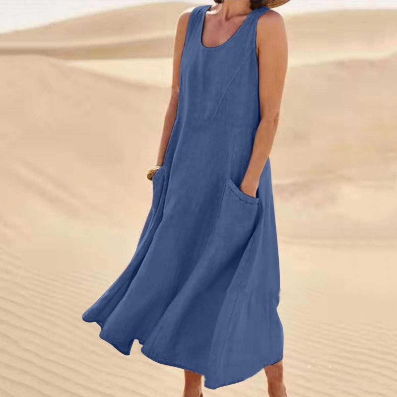 Breathable Cotton Linen Summer Dress for Women Lightweight Casual Sundress - cotton linen
