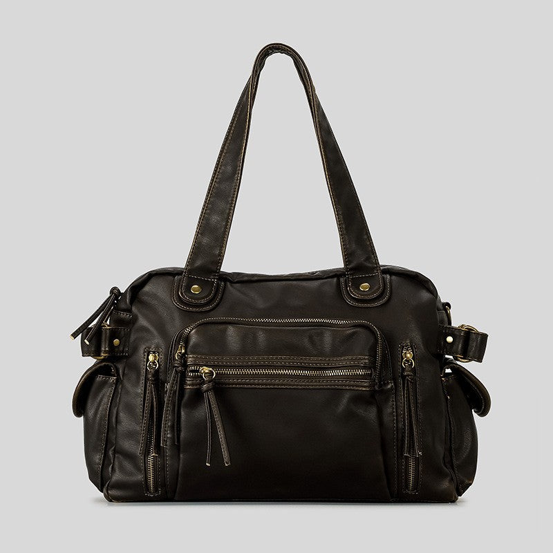 Brown and Black PU Leather Polyester Lining Tote Bag for Women - Teleplus