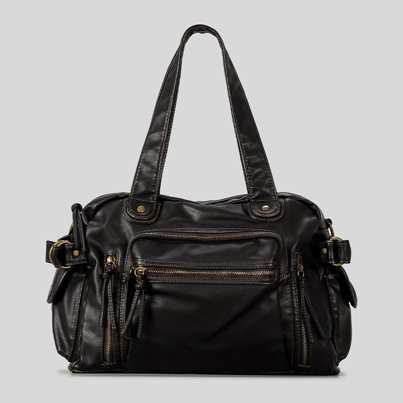 Brown and Black PU Leather Polyester Lining Tote Bag for Women - Teleplus