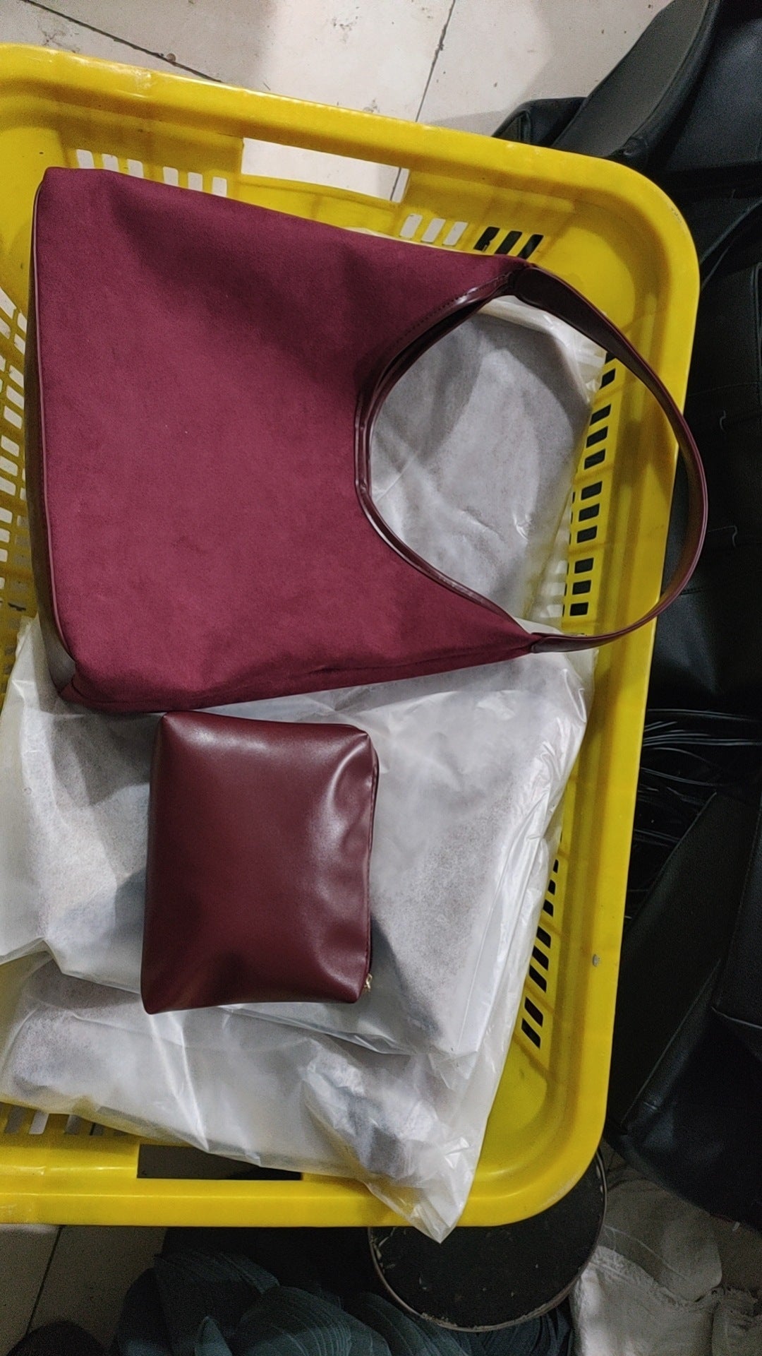 Brown and Purplish Red Suede Shoulder Bag with Polyester Suitcase Style - Teleplus tote bag suede shoulder